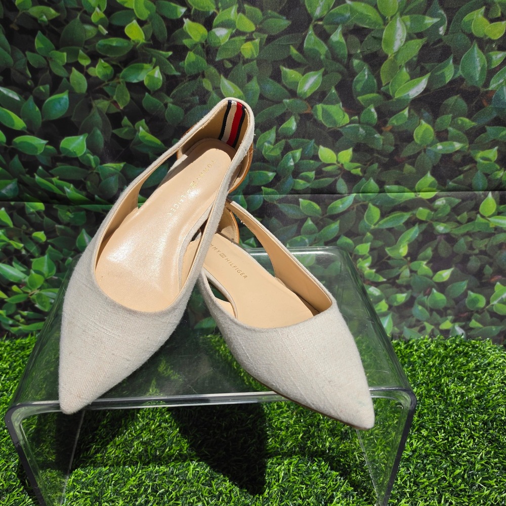 Tommy Hilfiger Womens Pointed Toe dOrsay Flats Cream Linen Tan Brown Size 8M